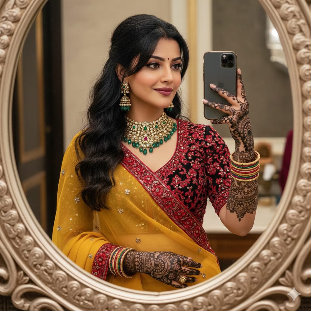 Mirror selfie Wearing a designer yellow saree