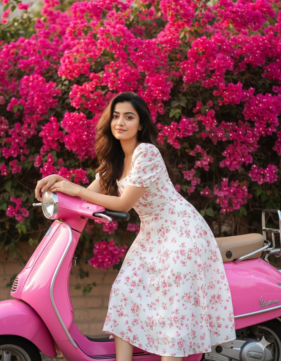 Girl on pink scooter with printed dress