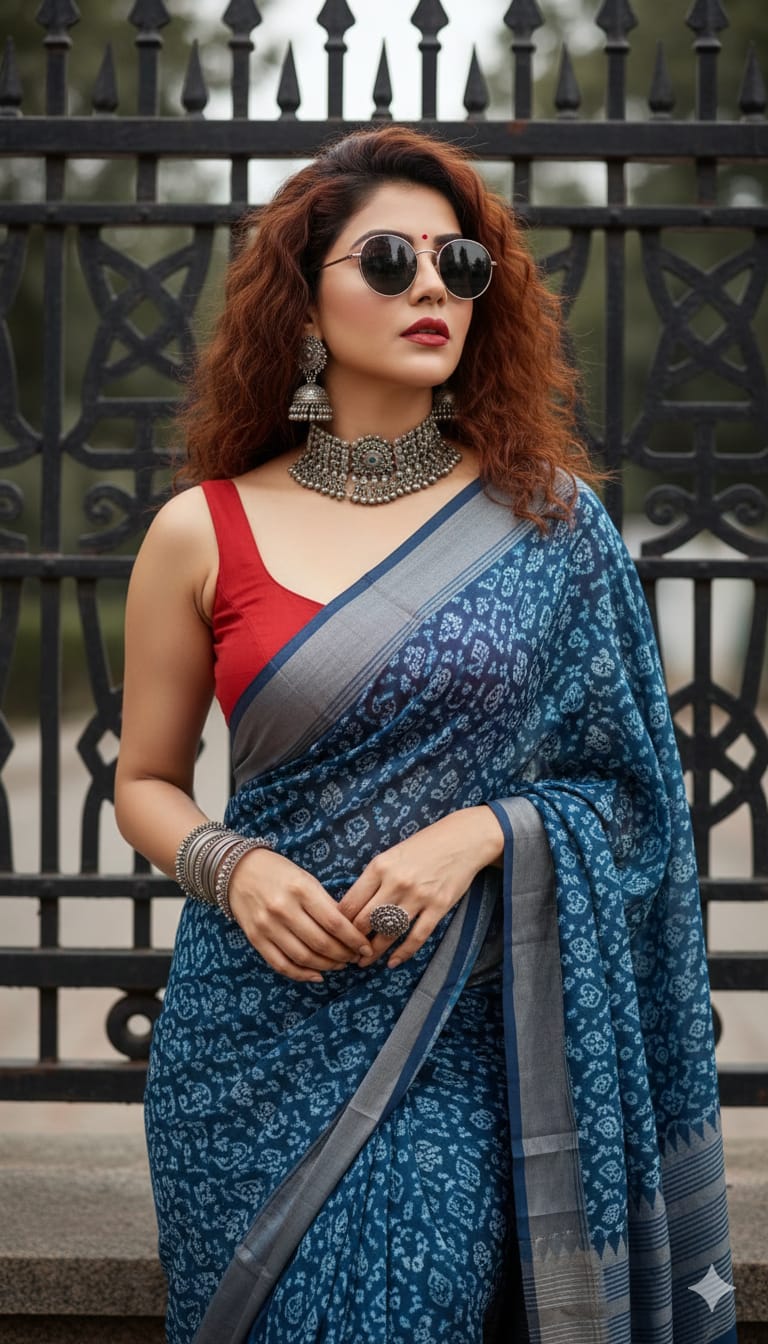 Voluminous curly hair and blue indigo-print saree
